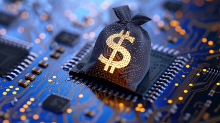 Digital Currency Concept with Dollar Bag on Electronic Circuit Board Background Representing Financial Transactions