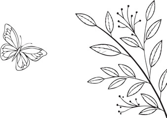 Hand Drawn Line Art Illustration of a Butterfly and a Branch with Leaves and Berries Keywords: butterfly branch leaves