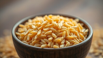 kamut. Close-up of a bowl containing cooked grains, highlighting their elongated shape. menu design, packaging mockups, designed for culinary blogs and recipe cards for restaurants.
