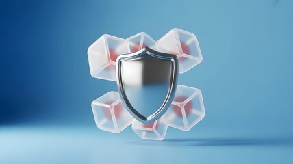 A silver shield protecting abstract data cubes on a blue background, symbolizing cybersecurity.