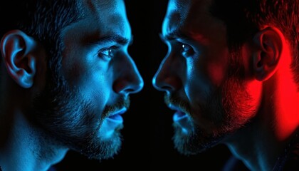 Two men faces close up reflect each other under intense blue and red light. Serious men stare intensely, showing strong facial expressions in dark background.
