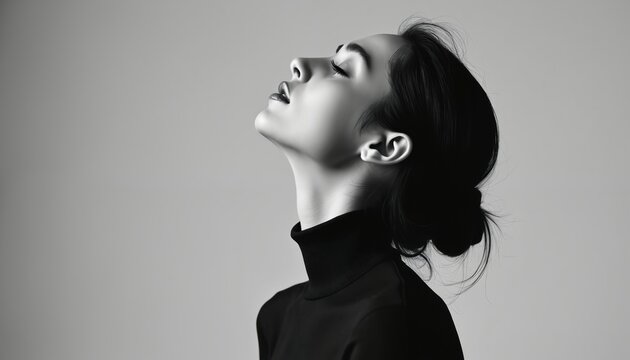 Minimalist portrait of woman with dark hair in bun, wearing black turtleneck. Head tilted back, eyes closed, exuding elegance, serenity against neutral studio backdrop. Sophisticated beauty shot.