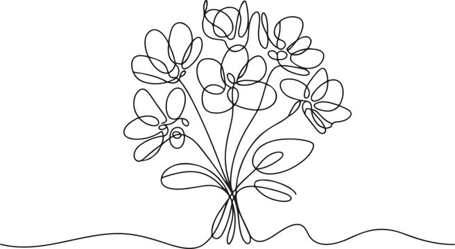 Bouquet of violet flowers continuous line drawing. one line vector illustration with out background