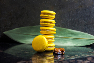 French Macarons Dessert food, consisting of almond biscuits that are crisp outside soft inside,...