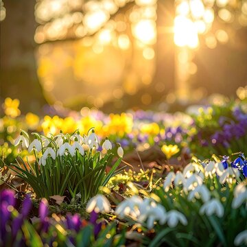 Sun-drenched field of spring blooms, with blurred background and golden light