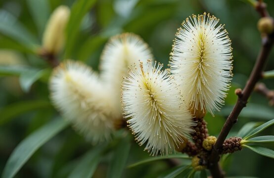 White fuzzy cajuput tree flowers bloom on branch with green leaves. Delicate bottlebrush shaped blossoms show yellow stamens. Outdoors closeup of Melaleuca quinquenervia.