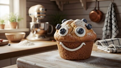  Cheerful muffin with blueberry eyes and a sugary smile, warm rustic kitchen background.