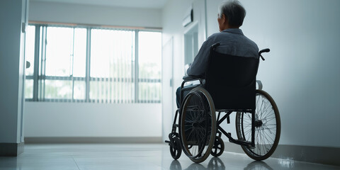 Elderly man in wheelchair looking towards bright window in empty hospital hallway, concepts of hope and loneliness