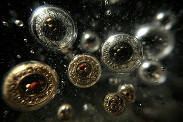 Floating, stylized droplets reflecting intricate, metallic details