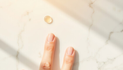 Hand reaching for dietary supplement capsule on marble surface  