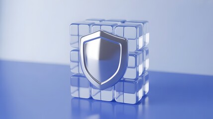 A metallic shield icon protecting a transparent cube structure, symbolizing digital security and data protection.