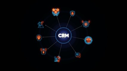 Fototapeta premium C R M system concept with glowing blue and orange on black background customer relationship