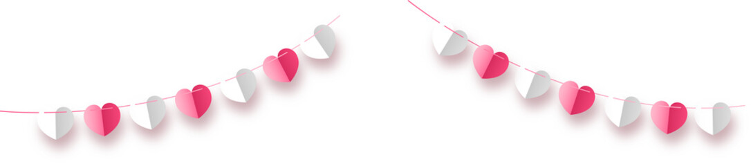 Pink and white heart garland decoration arranged in an arch on transparent background
