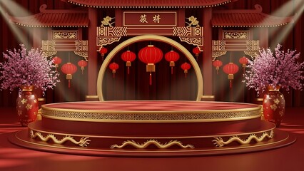 Elegant chinese stage with lanterns and cherry blossoms for festive celebrations