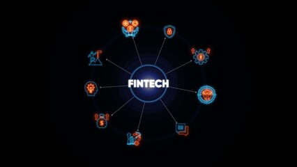 Fintech concept with and symbols on black background technology finance