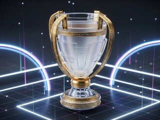 3D Glassmorphism Football Trophy Concept, Translucent Gold Award with Neon Tech Digital Pitch Background