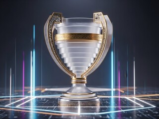 3D Glassmorphism Football Trophy Concept, Translucent Gold Award with Neon Tech Digital Pitch Background