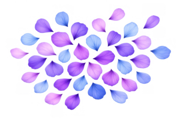 Falling purple and blue flower petals creating a vibrant frame, a decorative floral element with a transparent background
