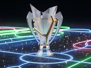 3D Glassmorphism Football Trophy Concept, Translucent Gold Award with Neon Tech Digital Pitch Background