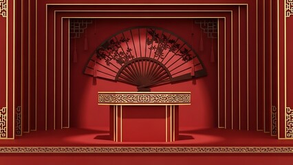 Elegant decorative fan on red stage with ornate table and golden accents