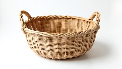Obraz premium Woven rattan basket with handles on white background. Natural container for storage or decor. Rustic boho style empty basket is perfect for organizing.