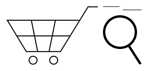 Shopping cart alongside magnifying glass symbolizing online shopping, product search, e-commerce navigation. Ideal for retail, search optimization, market research, digital tools, consumer trends © robu_s