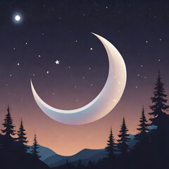Naklejka premium Crescent Moon Over Forest｜森の上の三日月