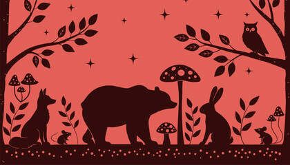 Whimsical forest scene with animals and mushrooms in red background