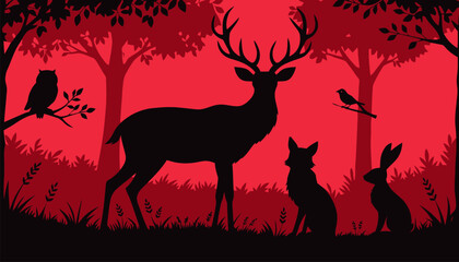 Silhouettes of deer, wolf, rabbit, owl, and bird in red forest