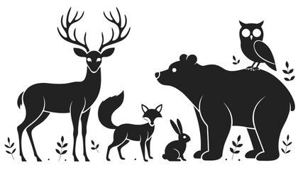 Wildlife friends gathered in forest scene with deer, bear, owl, fox, and rabbit
