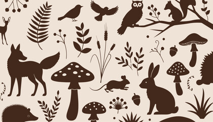 Whimsical forest creatures and plants in brown silhouettes on beige