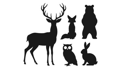 Black silhouettes of deer, fox, bear, owl, and rabbit in natural poses