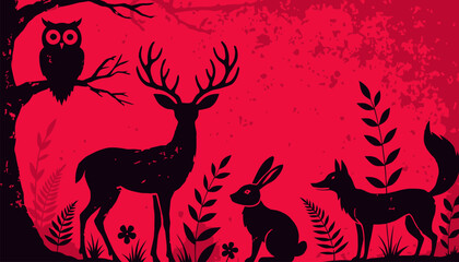 Vibrant forest scene with deer, owl, rabbit, and wolf silhouettes