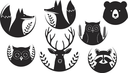 Set of modern animal silhouettes with leaves and nature elements