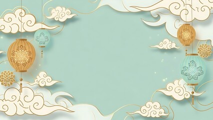Elegant eastern inspired design with lanterns and cloud motifs on a soft blue backdrop