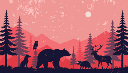 Wild animals in forest at sunset with mountains
