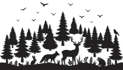 Black forest scene with animals and trees in silhouette