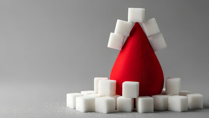 Blood sugar concept with sugar cubes and red drop on gray background