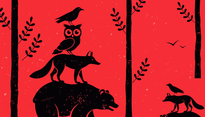 Silhouettes of forest animals on red background with trees