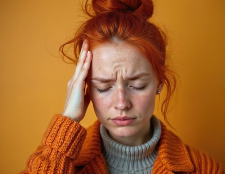 Young redhead woman has painful headache, rubs her temple, suffers from migraine. Female feels sick, unwell, grimaces with eyes closed, distressed expression.