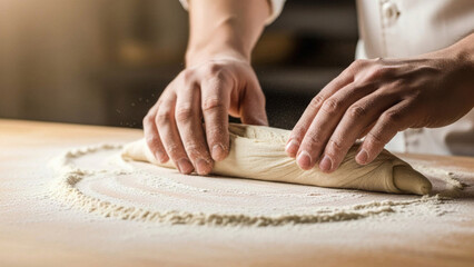 Baker Rolling Out Dough on Floured Surface.