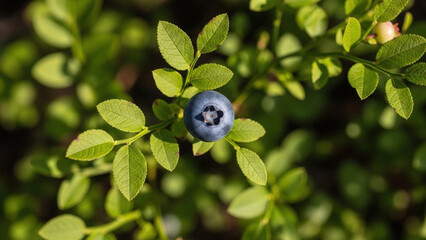 Blueberry on Bush with Green Leaves.