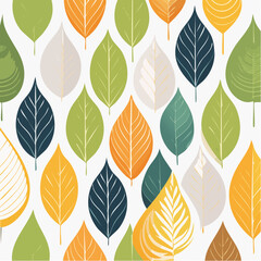 Autumnal Leaf Pattern Vibrant Color Palette Green Orange Yellow Blue White Background Repeating Motif Gentle Texture Detailed Veins Organic Shapes Natural Motif