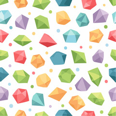 Colorful Geometric Gemstone Shapes Scattered on White Background with Small Dots Creating a Playful and Vibrant Abstract Pattern