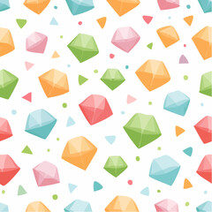 Seamless Pattern of Colorful Faceted Gemstones and Geometric Shapes on a White Background Perfect for Design and Decoration