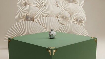 Elegant decorative vase on a green pedestal with paper fans background