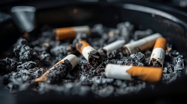 an ashtray filled with cigarette butts, some partially burnt, Surrounded By Ash And Remnants Conveying A Mood Of Neglect, created with generative ai