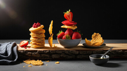 Pancakes with Fresh Fruit and Syrup Display.