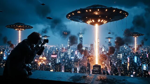 Photographer shoots UFO invasion over city skyline at night. Alien spaceship attacks city with beam. UFO fleet invades urban area. Photographer documents alien invasion with spaceship beams.