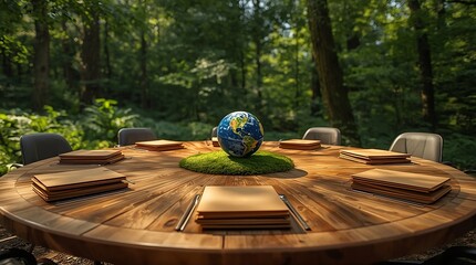 a round wooden conference table situated outdoors in a lush, green forest with sunlight, created with generative ai